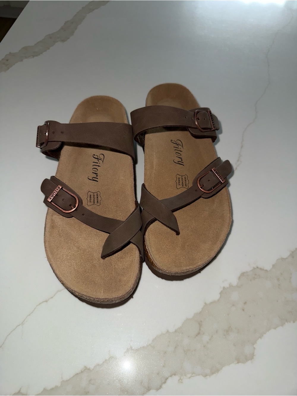 Fiory Women’s Brown Double-Buckle Toe-Loop Sandals